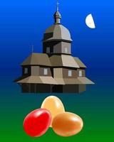 three painted eggs on a background of the church and the moon vector