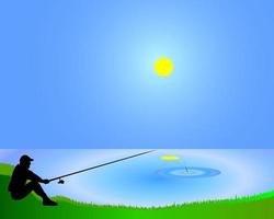 The fisherman with a fishing tackle on the bank of a pond vector