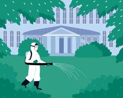 The specialist sprays the grass cover with a solution from ticks vector