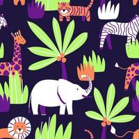 Seamless pattern of zoo animals on a dark background vector