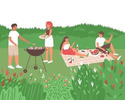 Friends prepare food on a barbecue in nature vector