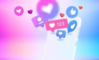 Social media notification bubbles flying to the screen of modern smartphone. 3d vector illustration