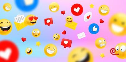 Social network communication concept with different emoji and icons. 3d vector illustration