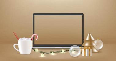 Modern laptop with empty screen on a table with crhistmas decorations. 3d vector banner with copy space