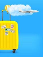 Yellow travel suitcase with paper stickers. Summer travel concept. 3d vector banner with copy space