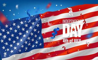 Bandera vertical del día de la independencia de Estados Unidos con bandera y confeti. Cuatro de Julio vector