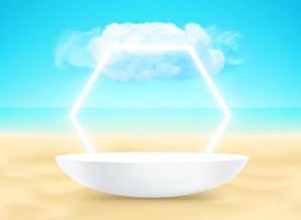 Landscape with podium on a sand and white neon arc. 3d vector mockup with shadow overlay effect