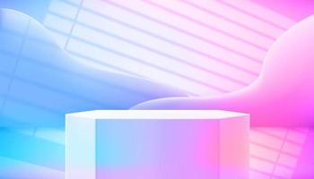 Empty studio with vivid hologram glow effect, podium and light of the window. Vector 3d illustration