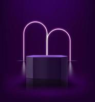 Dark room with neon light and podium. 3d vector showcase for display products