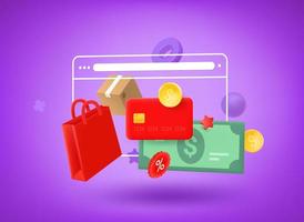 Making purchases via internet browser. Shopping concept. 3d vector illustration