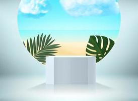 Product showcase with the summer beach landscape. 3d vector mockup with circle stage