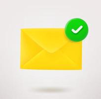 Yellow envelope icon with checkmark. 3d vector icon