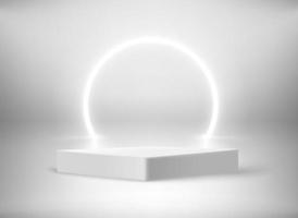 White interior with neon illumination and podium. 3d vector showcase template