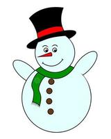 drawing Christmas snowman in a black hat and green scarf vector