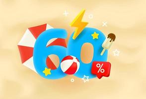 Sixty percent summer discount concept. 3d style vector illustration