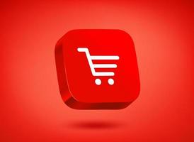 Shopping cart icon on red background. 3d vector illustration