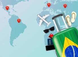 Travel suitcase with brazillian flag and travel accessories. 3d vector concept