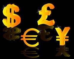 Gold signs on world currencies on a black background vector