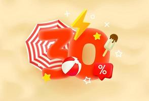 Thirty percent summer discount concept. 3d style vector illustration