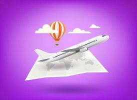 Air travel concept with world map, airplane and balloon. 3d vector illustration