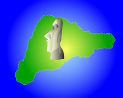 Map of Easter Island with the statue of an idol on a background of blue water vector