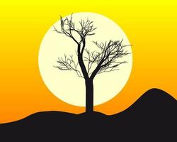 silueta de un árbol bajo el sol y el cielo naranja vector