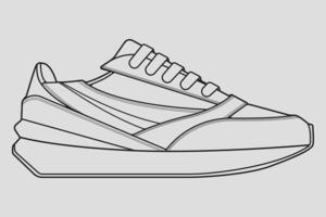 vector de dibujo de contorno de zapatillas de deporte, zapatillas dibujadas en un estilo de boceto, contorno de plantilla de zapatillas de deporte de línea negra, ilustración vectorial.