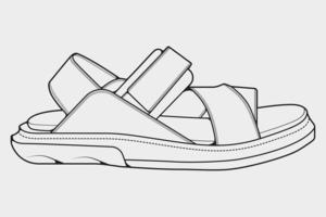 strap sandals outline drawing vector, strap sandals in a sketch style, trainers template outline, vector Illustration.