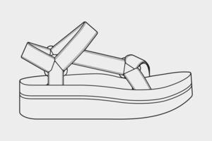 vector de dibujo de contorno de sandalias de correa, sandalias de correa en un estilo de boceto, esquema de plantilla de entrenadores, ilustración vectorial.