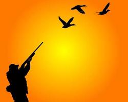 Silhouette of the hunter of ducks on an orange background vector