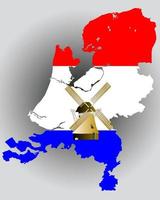 mapa de holanda en los colores de la bandera con un molino de viento vector