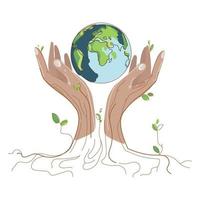 Save the world concept.Planet earth in human hands with foliage and tree roots on a white background sketch style drawing.World climate change.Vector illustration vector