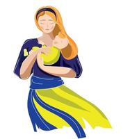 Ukrainian woman mother holding a child in clothes of blue-yellow colors of the Ukrainian flag vector illustration.Save and Help Ukraine.Stop the war