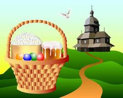 basket with Easter cakes and eggs on the background of the church vector