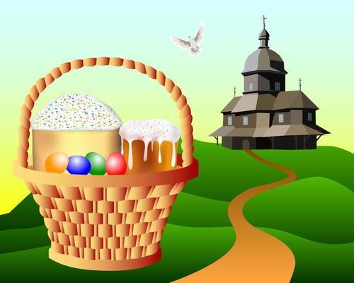 basket with Easter cakes and eggs on the background of the church