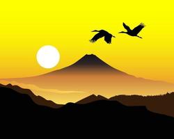 the sacred mountain of Fujiyama with two cranes vector