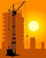 construction crane on the background of construction and orange sky vector