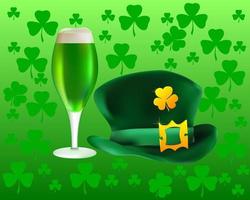 a glass of green beer with a hat on a green background vector