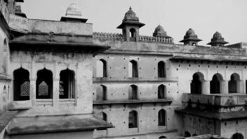 Jahangir Mahal Orchha Fort in Orchha, Madhya Pradesh, India, Jahangir Mahal or Orchha Palace is citadel and garrison located in Orchha. Madhya Pradesh. India, India Archaeological Site Black White