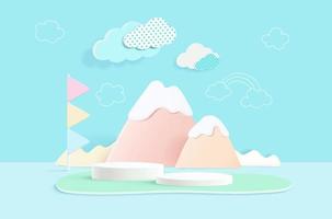 3D rendring of colorful pastel clouds and rainbow with empty space for kids or baby product. vector