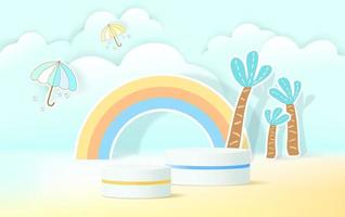 Paper cut landscape banner with rainbow and clouds made in realistic paper craft art. Kids colorful podium product display vector