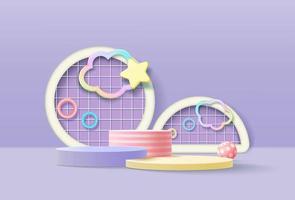 3d podium on pastel background abstract geometric shapes with cute design, kids product display vector