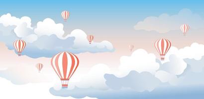 Landscape cloud and hot air balloon flat design vector illustration good for wallpaper, background, banner, backdrop, tourism and design template