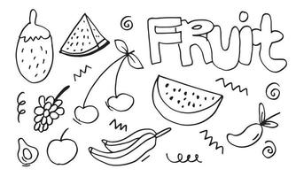 juego de frutas de fideos. dibujo a mano de frutas en diferentes estilos. vector