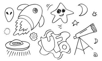 Set of cartoon space elements rockets, planets and stars. Hand drawn doodle objects on white background. Childish illustration vector