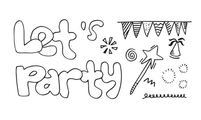 Let's party. Hand drawn cartoon illustration. Bright handdrawn lettering in circle for card, poster, banner. Vector illustration