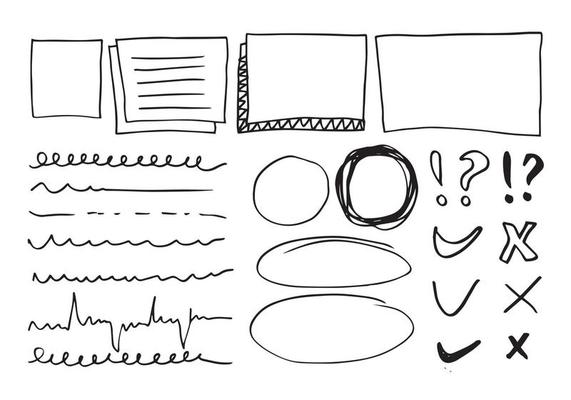 Doodle vector lines and curves.Hand drawn check and arrows signs. Set of simple doodle lines, curves, frames and spots. Collection of pencil effects. Doodle border. Simple doodle set.