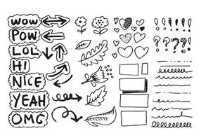 doodle flower hand graffiti set, arrows, business, universal, hearts, frames, exclamation marks, question marks, underline and speech bubbles. vector