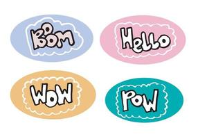 Hand drawn set of speech bubbles with handwritten short phrases  wow,boom,hello,pow on white background. vector