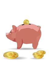 Coin box in the form of a pig with coins lying nearby vector